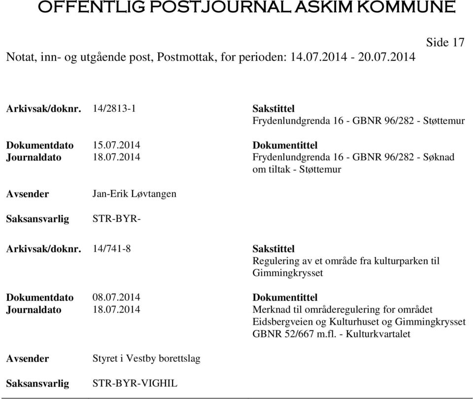 2014 Frydenlundgrenda 16 - GBNR 96/282 - Søknad om tiltak - Støttemur Jan-Erik Løvtangen STR-BYR- Arkivsak/doknr.