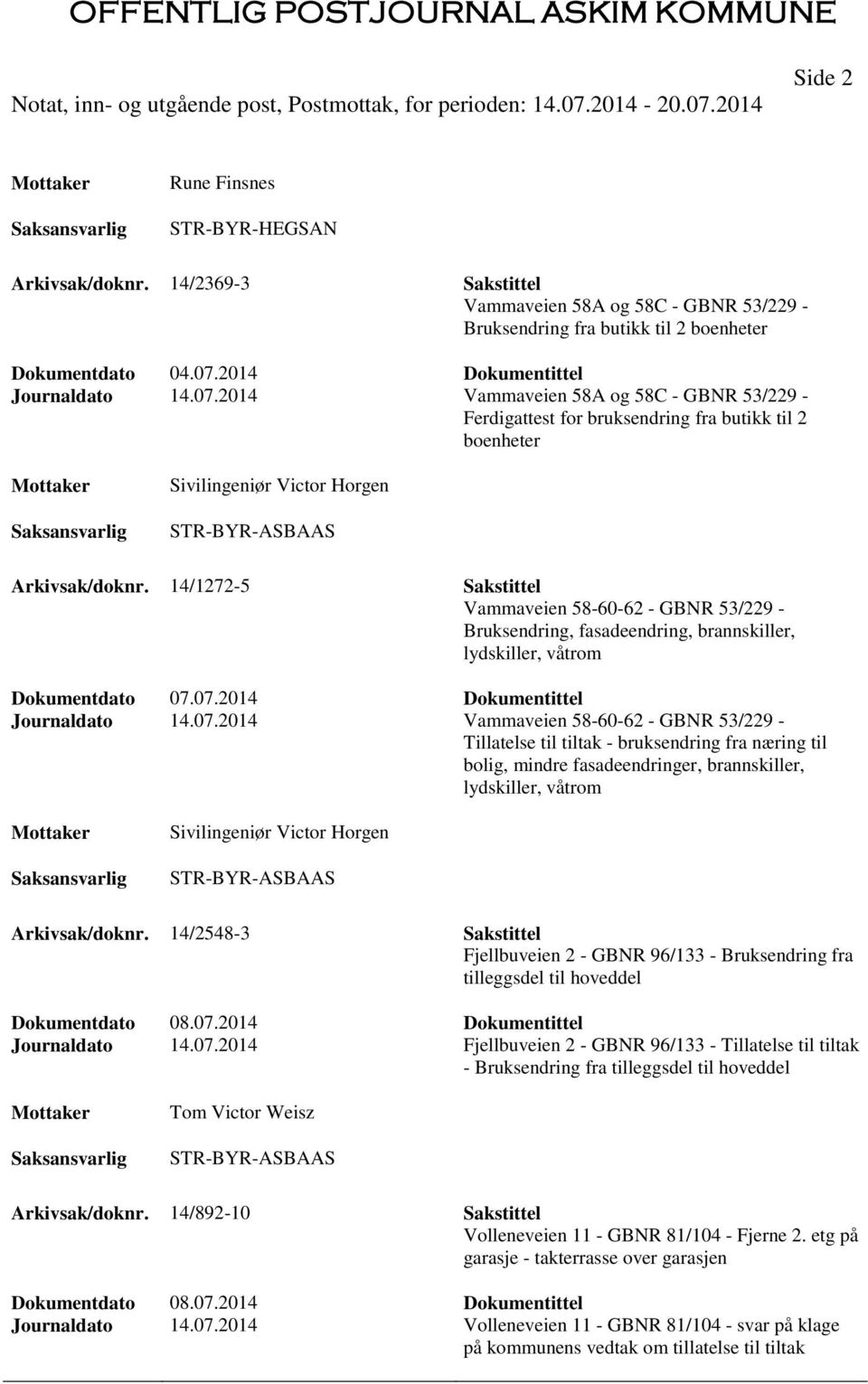 14/1272-5 Sakstittel Vammaveien 58-60-62 - GBNR 53/229 - Bruksendring, fasadeendring, brannskiller, lydskiller, våtrom Dokumentdato 07.