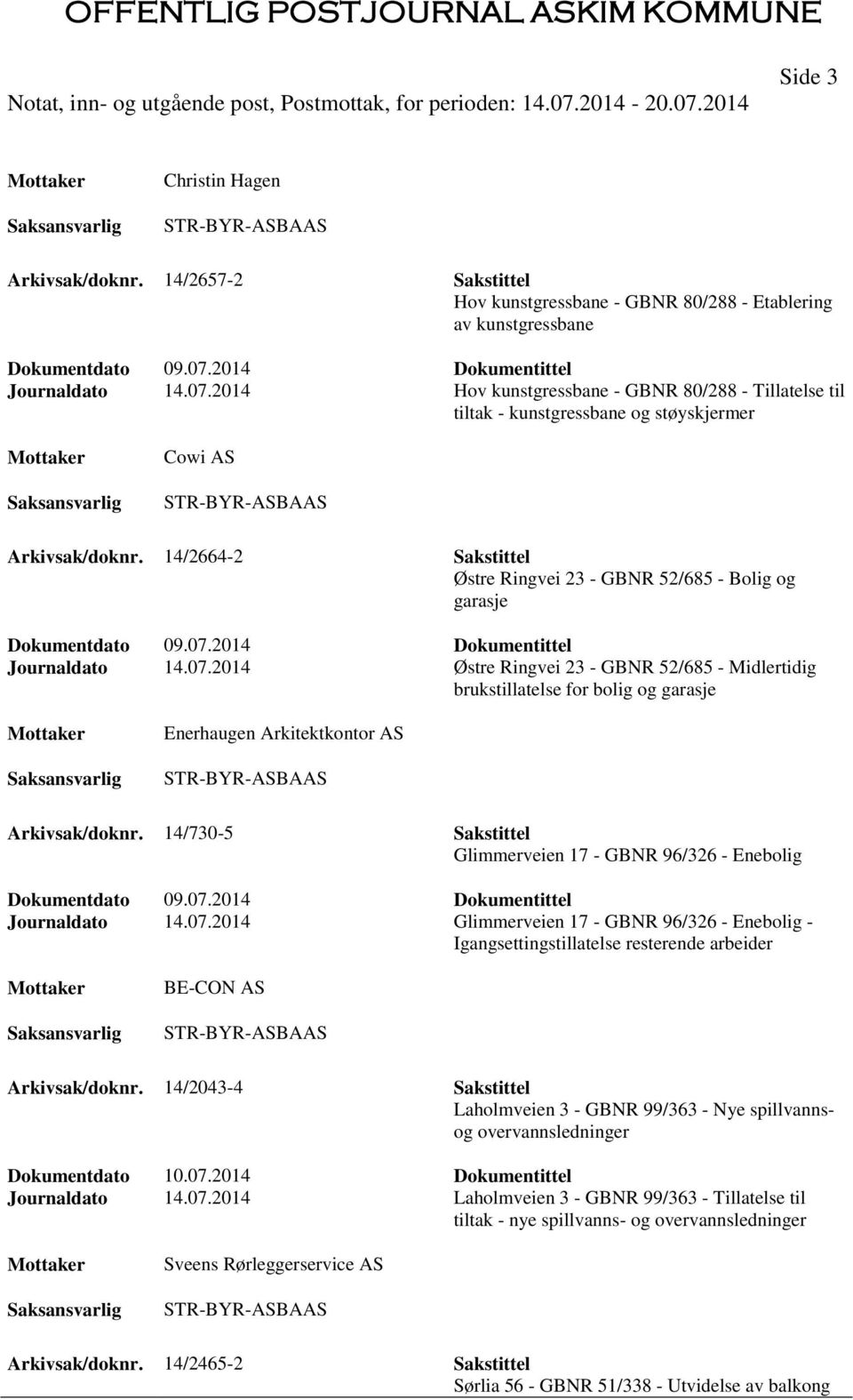 14/2664-2 Sakstittel Østre Ringvei 23 - GBNR 52/685 - Bolig og garasje Dokumentdato 09.07.