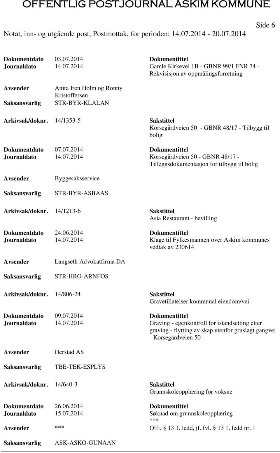 07.2014 Dokumentittel Journaldato 14.07.2014 Korsegårdveien 50 - GBNR 48/17 - Tilleggsdokumentasjon for tilbygg til bolig Byggesaksservice Arkivsak/doknr.