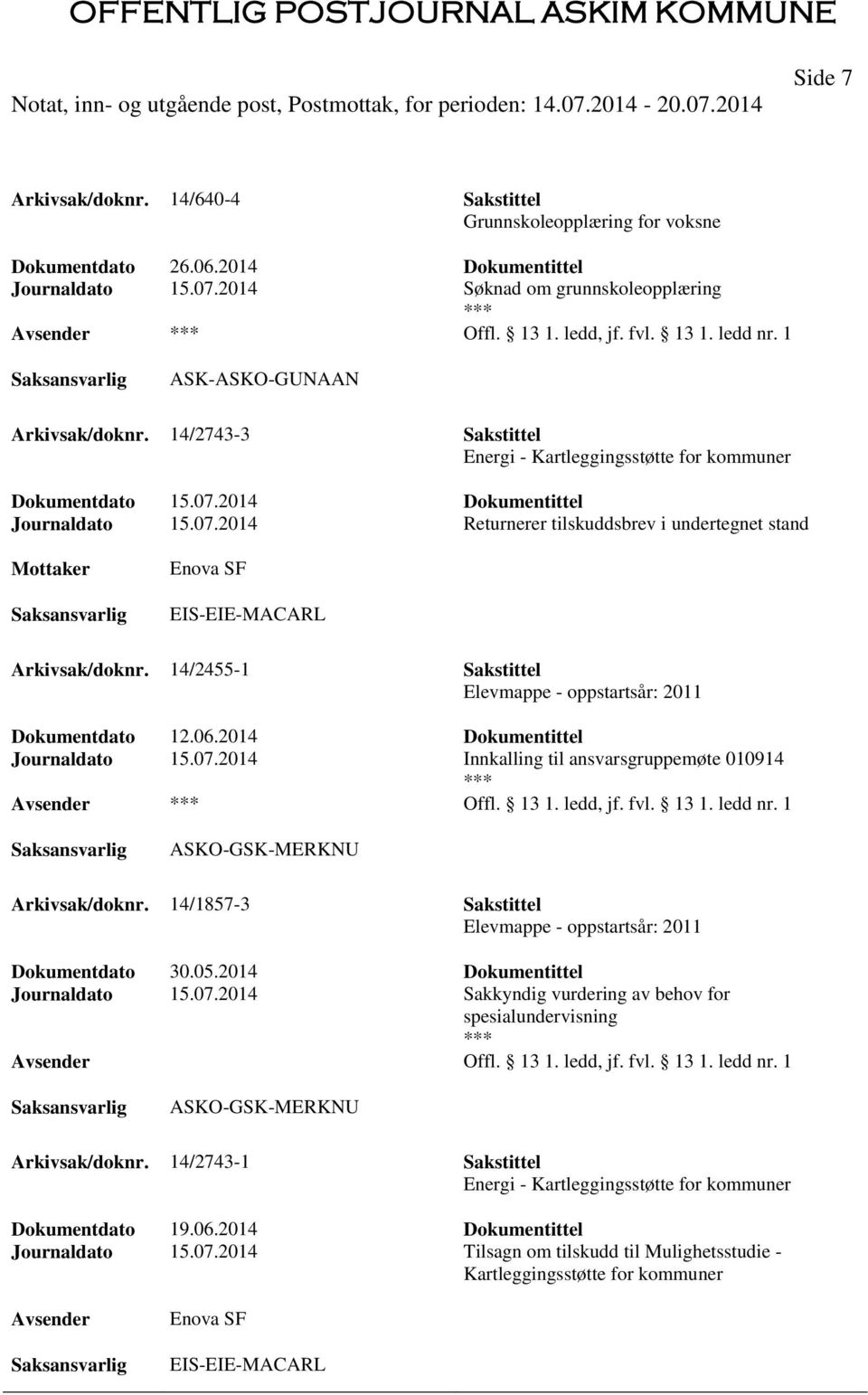 2014 Dokumentittel Journaldato 15.07.2014 Returnerer tilskuddsbrev i undertegnet stand Enova SF EIS-EIE-MACARL Arkivsak/doknr. 14/2455-1 Sakstittel Elevmappe - oppstartsår: 2011 Dokumentdato 12.06.