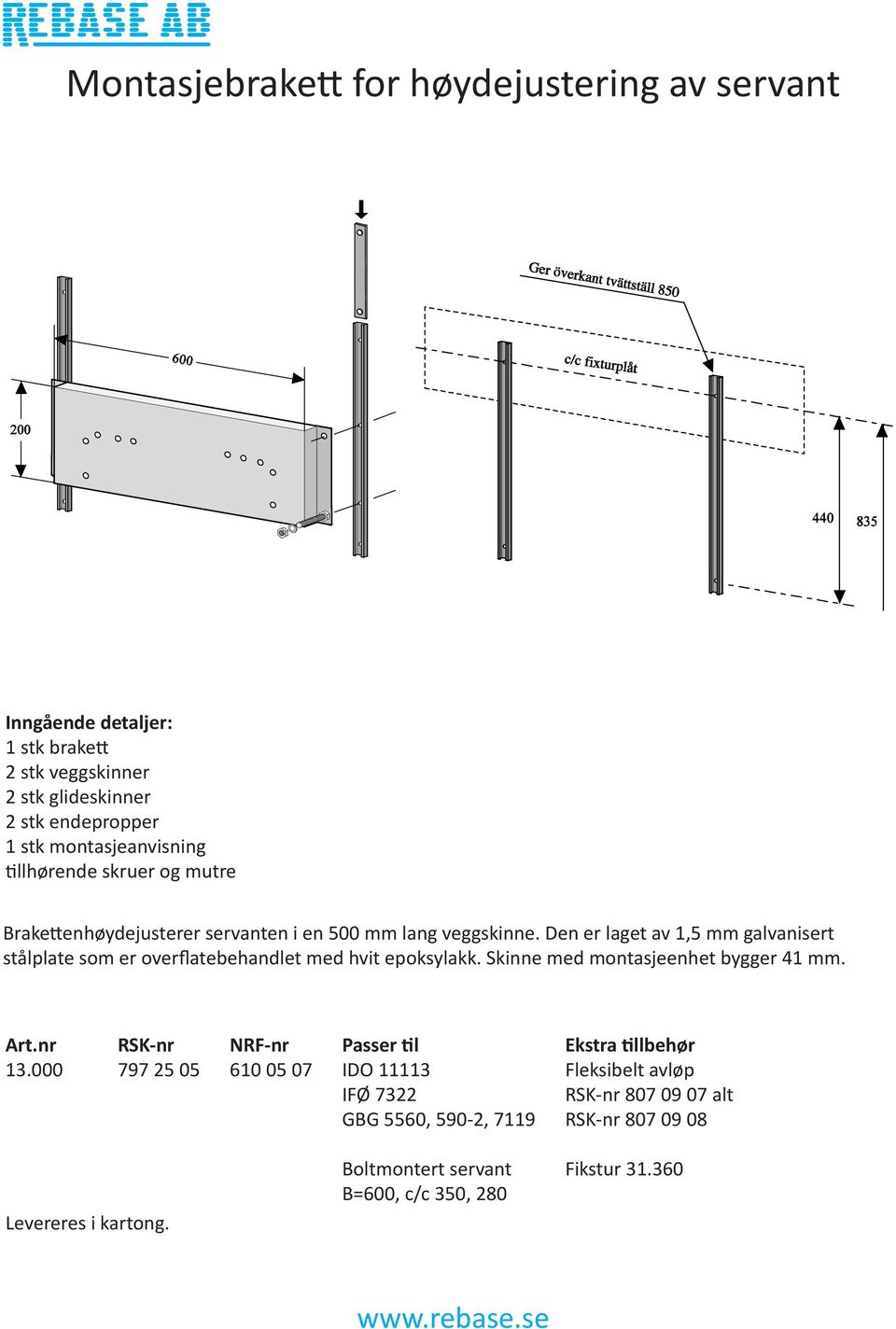 Den er laget av 1,5 mm galvanisert stålplate som er overflatebehandlet med hvit epoksylakk. Skinne med montasjeenhet bygger 41 mm. 13.