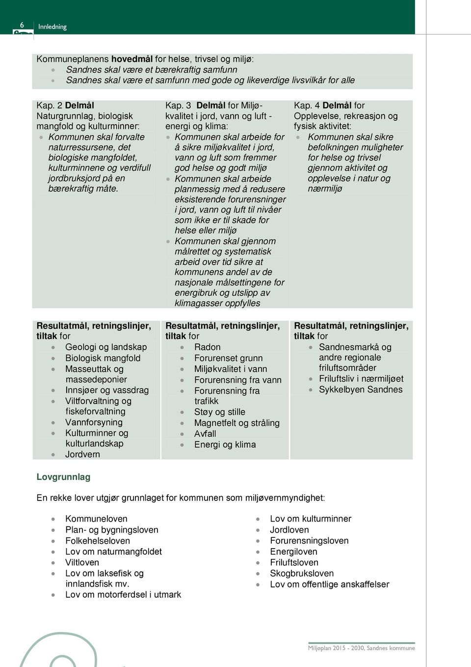 Resultatmål, retningslinjer, tiltak for Geologi og landskap Biologisk mangfold Masseuttak og massedeponier Innsjøer og vassdrag Viltforvaltning og fiskeforvaltning Vannforsyning Kulturminner og