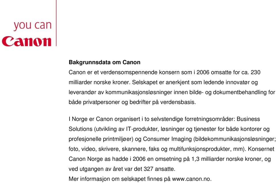 I Norge er Canon organisert i to selvstendige forretningsområder: Business Solutions (utvikling av IT-produkter, løsninger og tjenester for både kontorer og profesjonelle printmiljøer) og