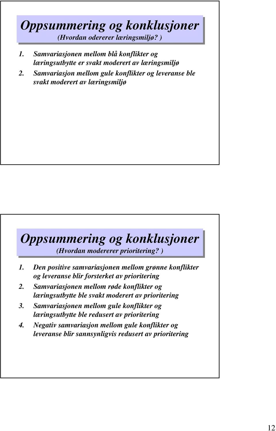 Den positive samvariasjonen mellom grønne konflikter og leveranse blir forsterket av prioritering 2.