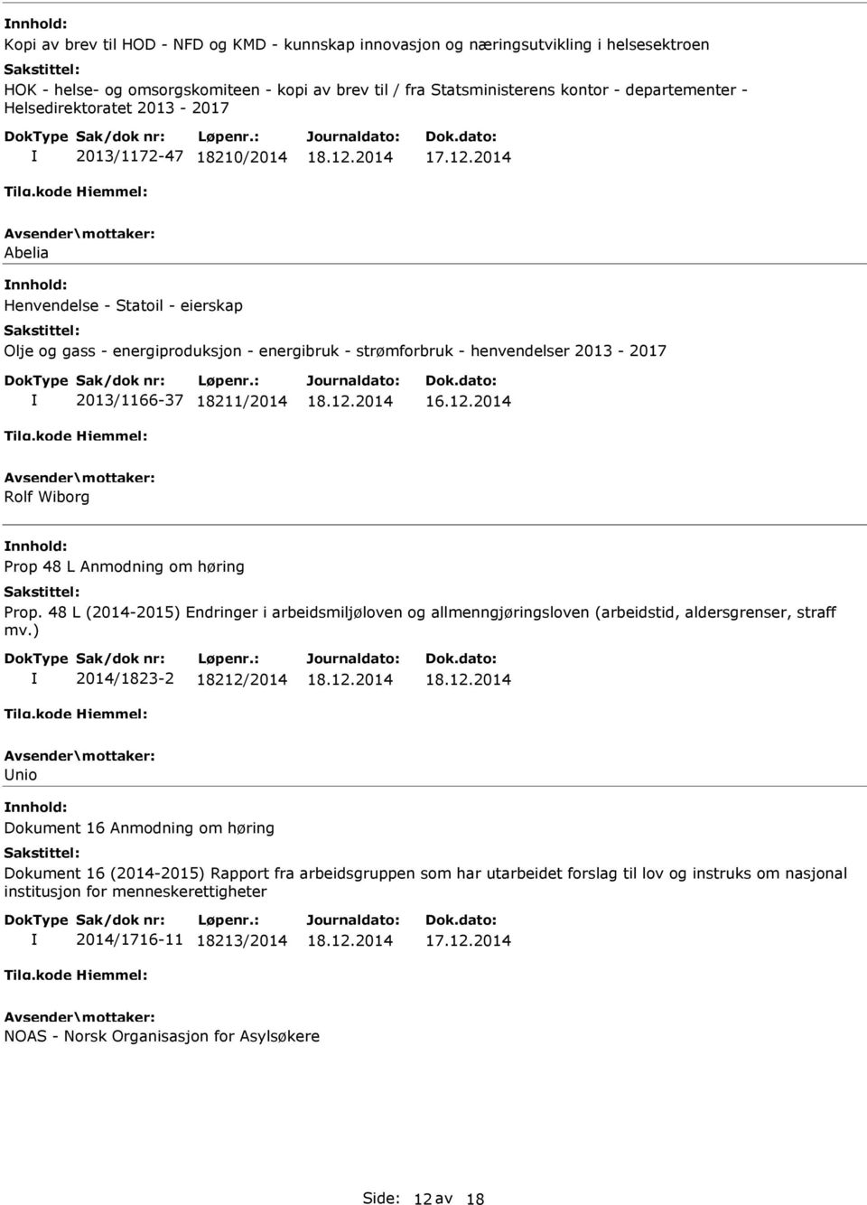 strømforbruk - henvendelser 2013-2017 2013/1166-37 18211/2014 16.12.2014 Rolf Wiborg Prop 48 L Anmodning om høring Prop.