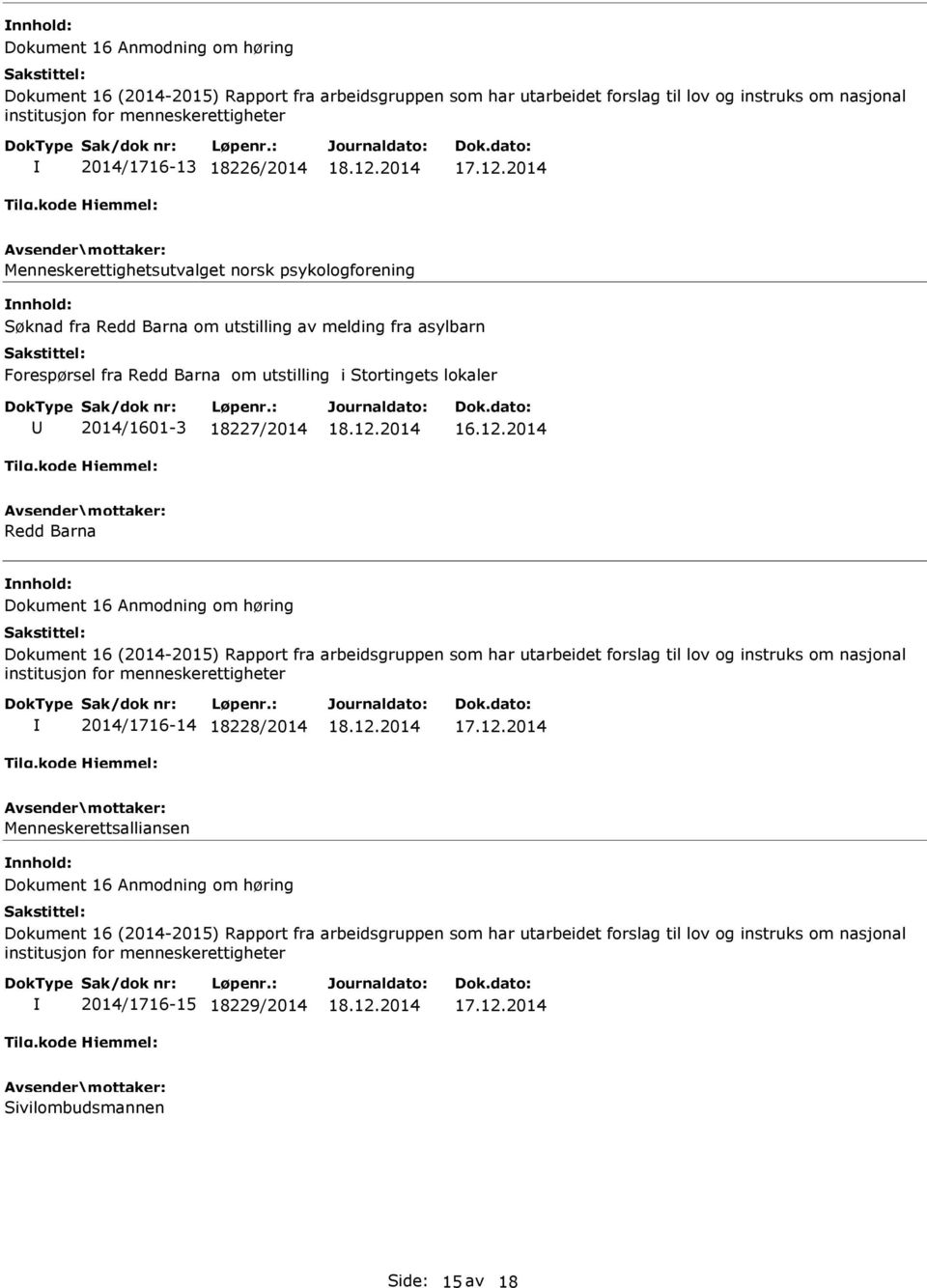 utstilling i Stortingets lokaler 2014/1601-3 18227/2014 16.12.