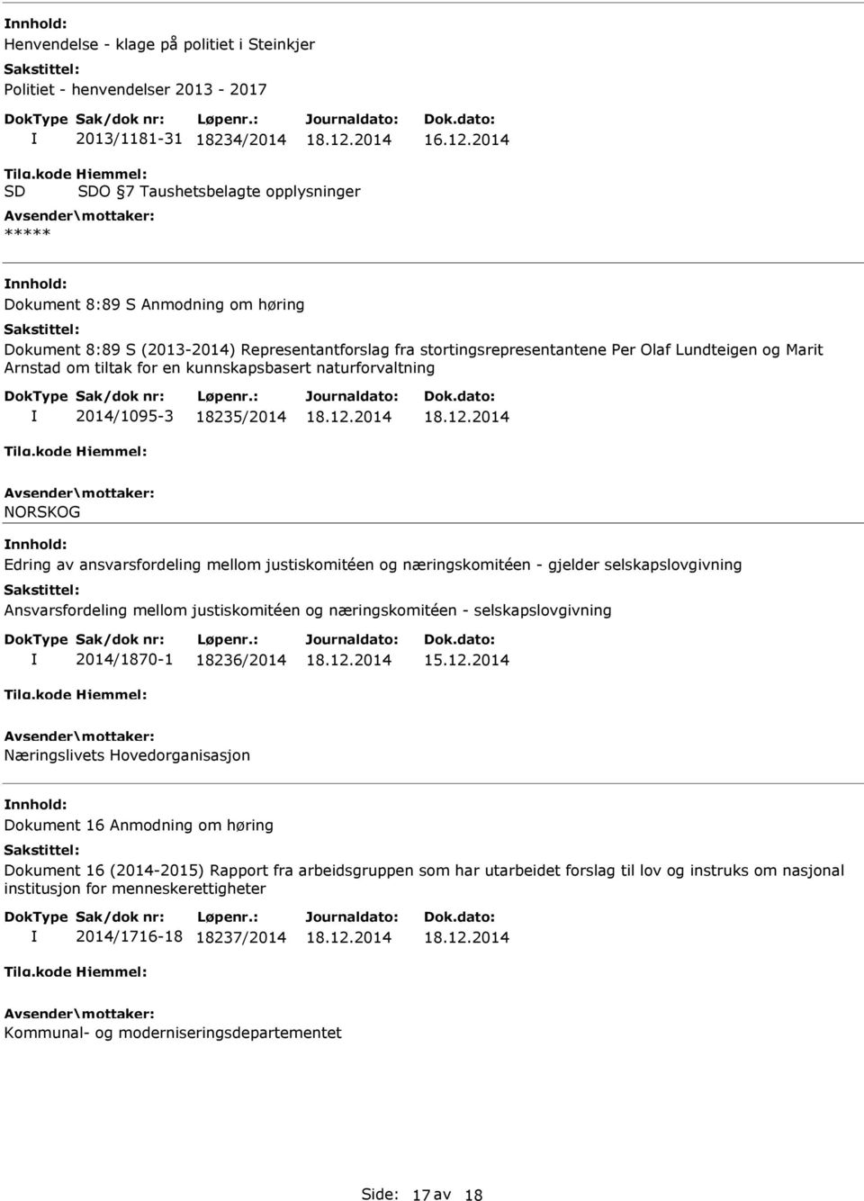 Lundteigen og Marit Arnstad om tiltak for en kunnskapsbasert naturforvaltning 2014/1095-3 18235/2014 NORSKOG Edring av ansvarsfordeling mellom justiskomitéen og næringskomitéen