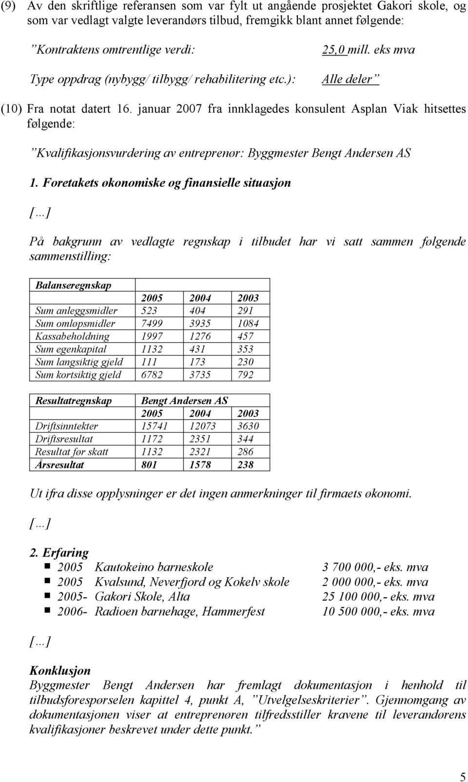 januar 2007 fra innklagedes konsulent Asplan Viak hitsettes følgende: Kvalifikasjonsvurdering av entreprenør: Byggmester Bengt Andersen AS 1.