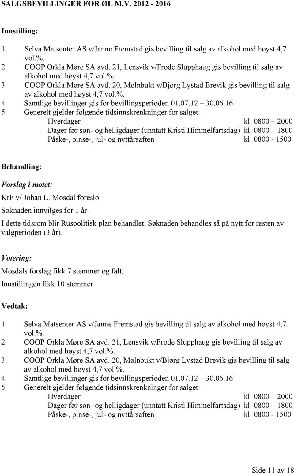 %. 4. Samtlige bevillinger gis for bevillingsperioden 01.07.12 30.06.16 5. Generelt gjelder følgende tidsinnskrenkninger for salget: Hverdager kl.