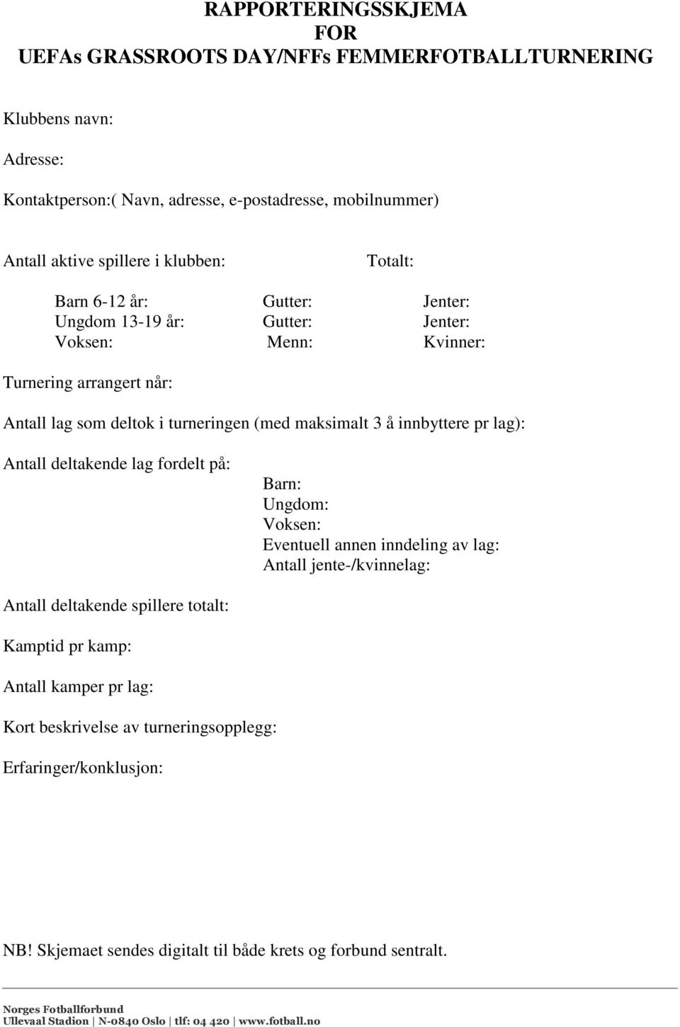 (med maksimalt 3 å innbyttere pr lag): Antall deltakende lag fordelt på: Barn: Ungdom: Voksen: Eventuell annen inndeling av lag: Antall jente-/kvinnelag: Antall deltakende