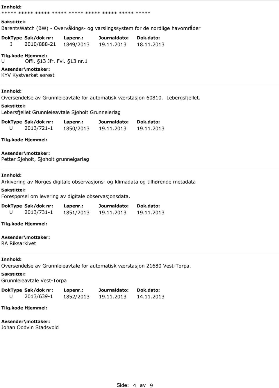 Lebersfjellet Grunnleieavtale Sjøholt Grunneierlag 2013/721-1 1850/2013 Petter Sjøholt, Sjøholt grunneigarlag Arkivering av Norges digitale observasjons- og klimadata og tilhørende