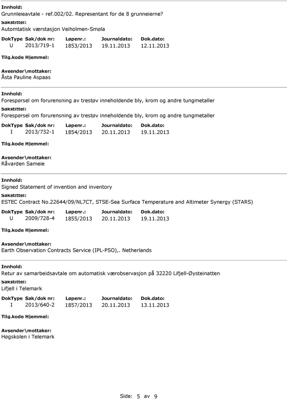 tungmetaller 2013/732-1 1854/2013 Råvarden Sameie Signed Statement of invention and inventory ESTEC Contract No.