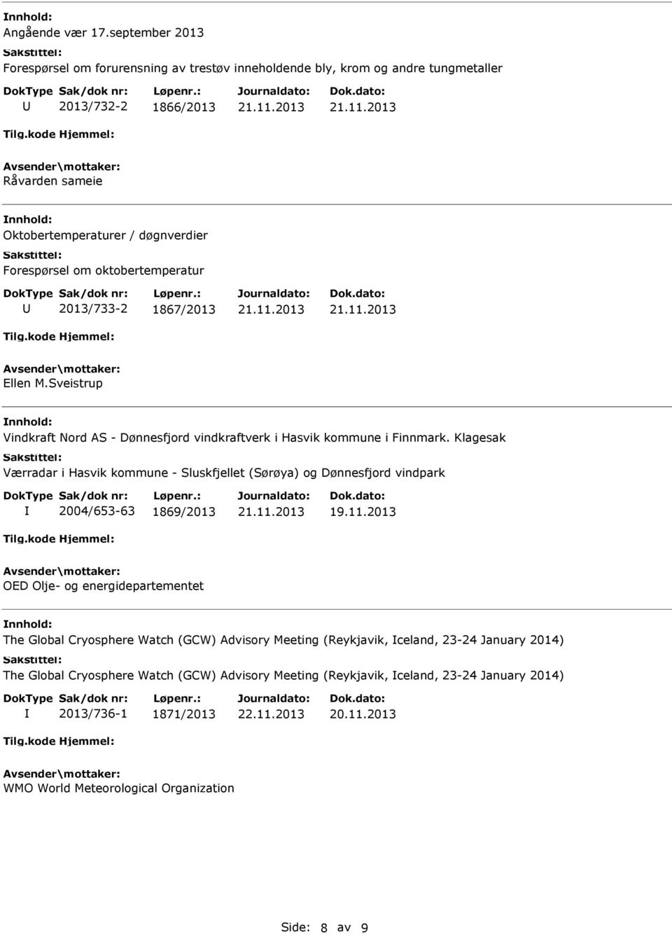 om oktobertemperatur 2013/733-2 1867/2013 Ellen M.Sveistrup Vindkraft Nord AS - Dønnesfjord vindkraftverk i Hasvik kommune i Finnmark.