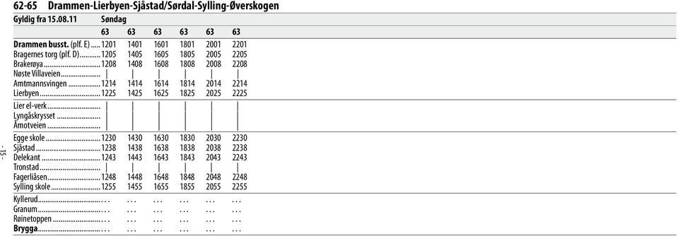 ..1225 1425 1625 1825 2025 2225 Lier el-verk... Lyngåskrysset... Åmotveien... Egge skole...1230 1430 1630 1830 2030 2230 Sjåstad...1238 1438 1638 1838 2038 2238 Delekant.