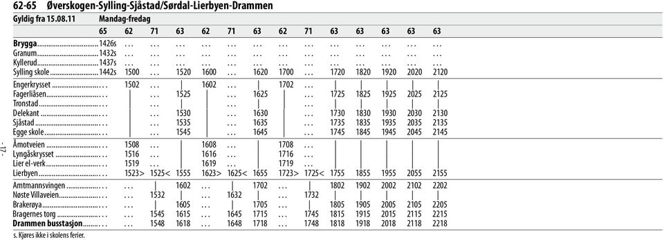 .... 1502... 1602... 1702... Fagerliåsen........ 1525... 1625... 1725 1825 1925 2025 2125 Tronstad.............. Delekant........ 1530... 1630... 1730 1830 1930 2030 2130 Sjåstad........ 1535... 1635.