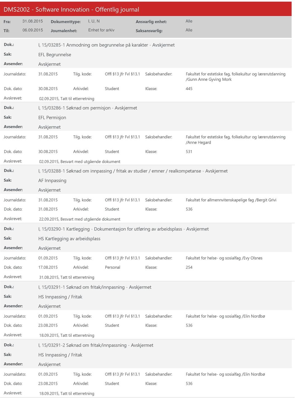 2015, Besvart med utgående dokument I, 15/03288-1 Søknad om innpassing / fritak av studier / emner / realkompetanse - AF Innpassing Journaldato: Tilg.