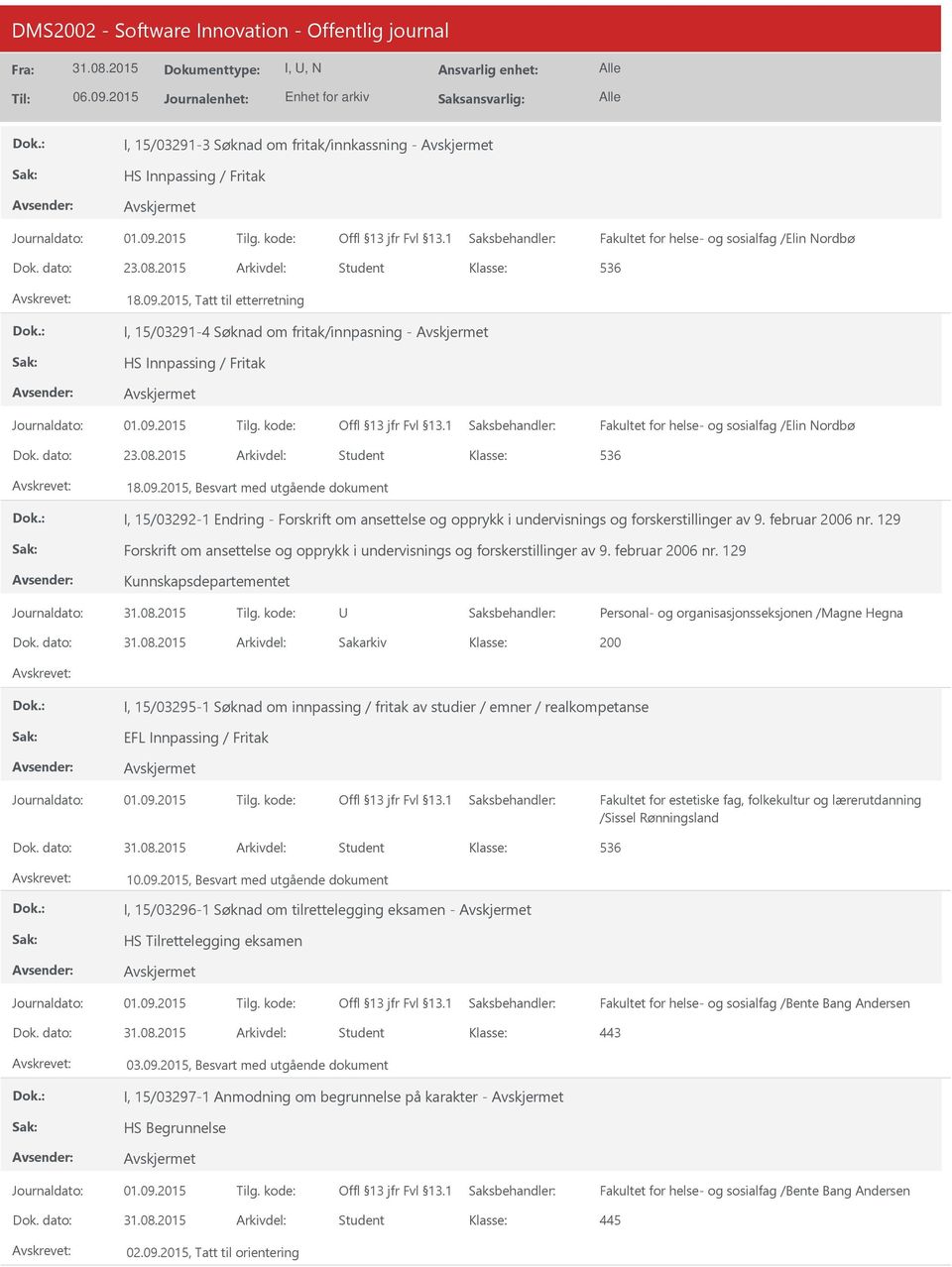 2015, Besvart med utgående dokument I, 15/03292-1 Endring - Forskrift om ansettelse og opprykk i undervisnings og forskerstillinger av 9. februar 2006 nr.