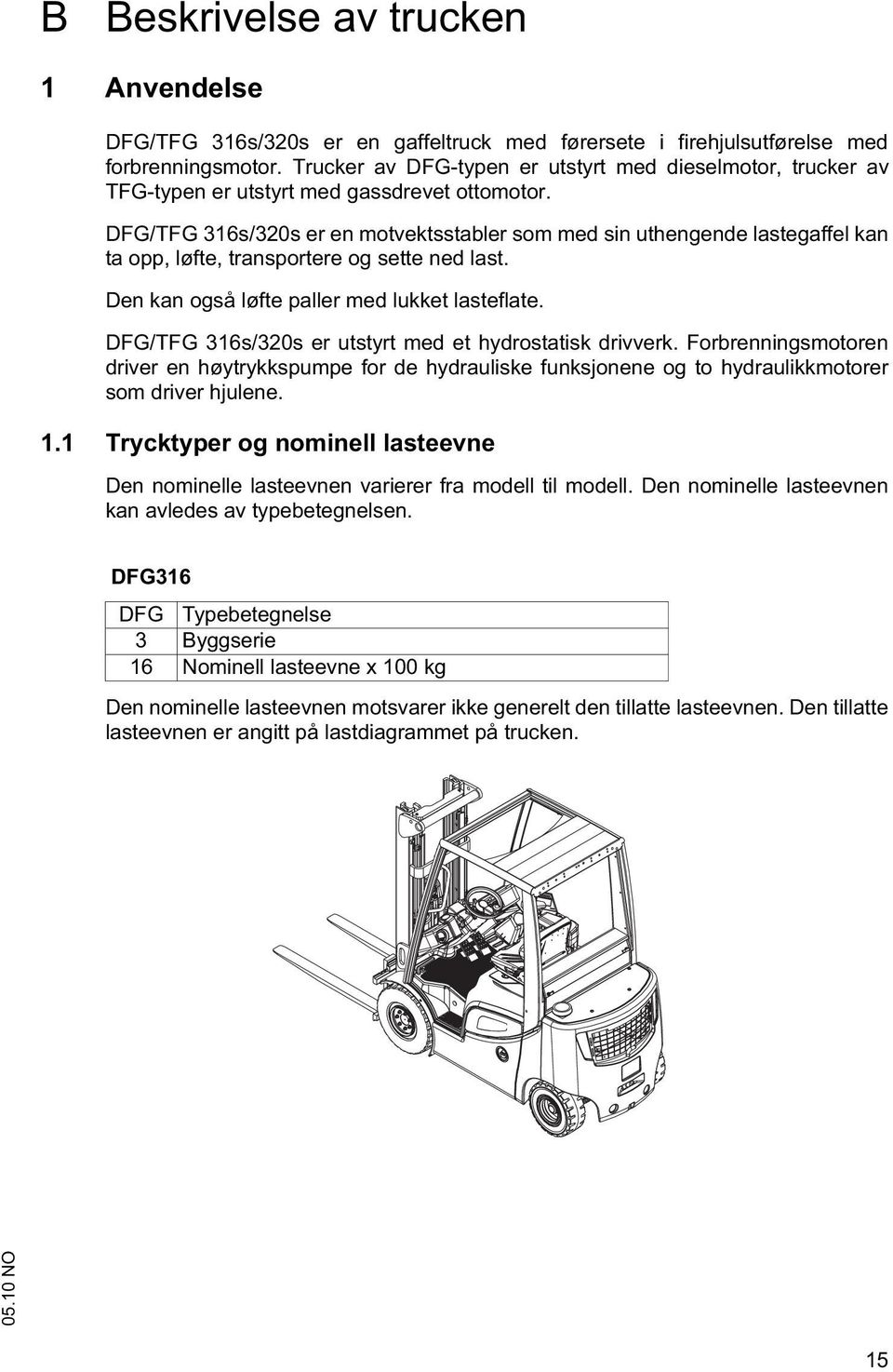 DFG/TFG 316s/320s er en motvektsstabler som med sin uthengende lastegaffel kan ta opp, løfte, transportere og sette ned last. Den kan også løfte paller med lukket lasteflate.