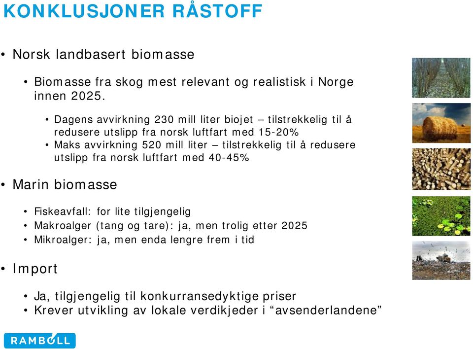 tilstrekkelig til å redusere utslipp fra norsk luftfart med 40-45% Marin biomasse Fiskeavfall: for lite tilgjengelig Makroalger (tang og tare):