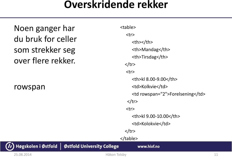 rowspan <table> <tr> <th></th> <th>mandag</th> <th>tirsdag</th> </tr> <tr> <th>kl