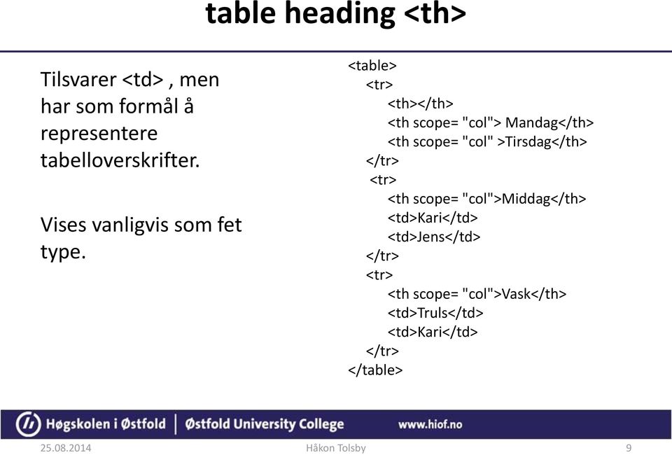 <table> <tr> <th></th> <th scope= "col"> Mandag</th> <th scope= "col" >Tirsdag</th> </tr> <tr>