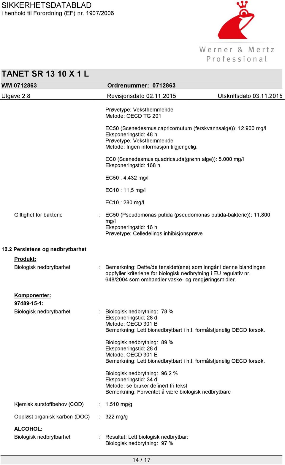 432 mg/l EC10 : 11,5 mg/l EC10 : 280 mg/l Giftighet for bakterie : EC50 (Pseudomonas putida (pseudomonas putida-bakterie)): 11.