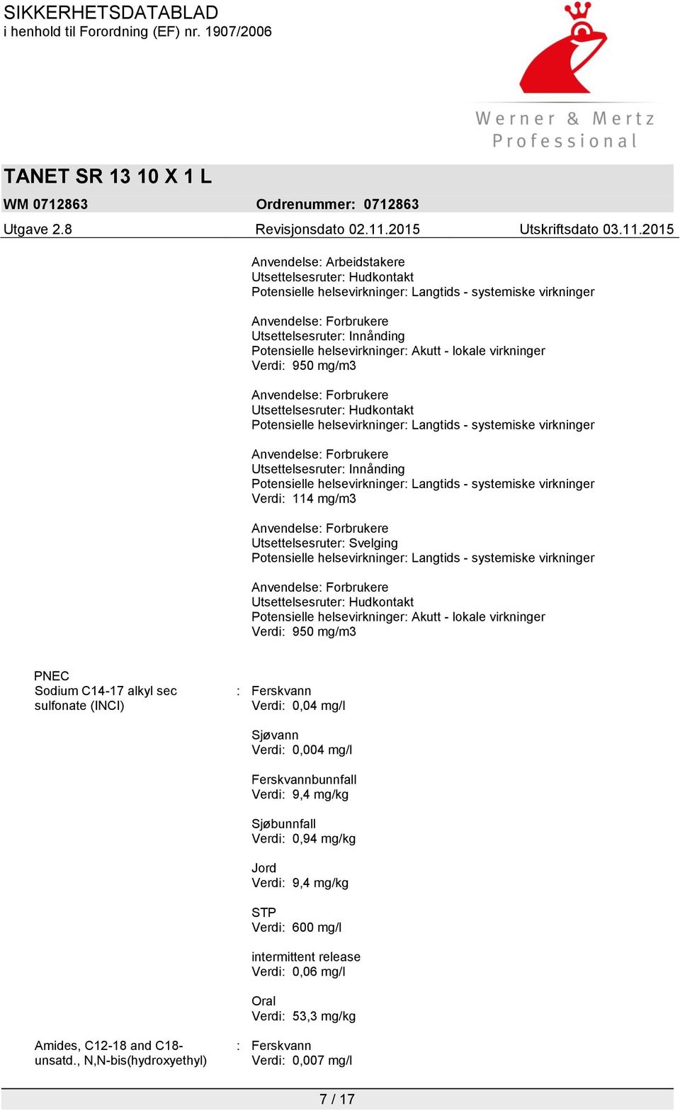 (INCI) : Ferskvann Verdi: 0,04 mg/l Sjøvann Verdi: 0,004 mg/l Ferskvannbunnfall Verdi: 9,4 mg/kg Sjøbunnfall Verdi: 0,94 mg/kg Jord Verdi: 9,4 mg/kg STP