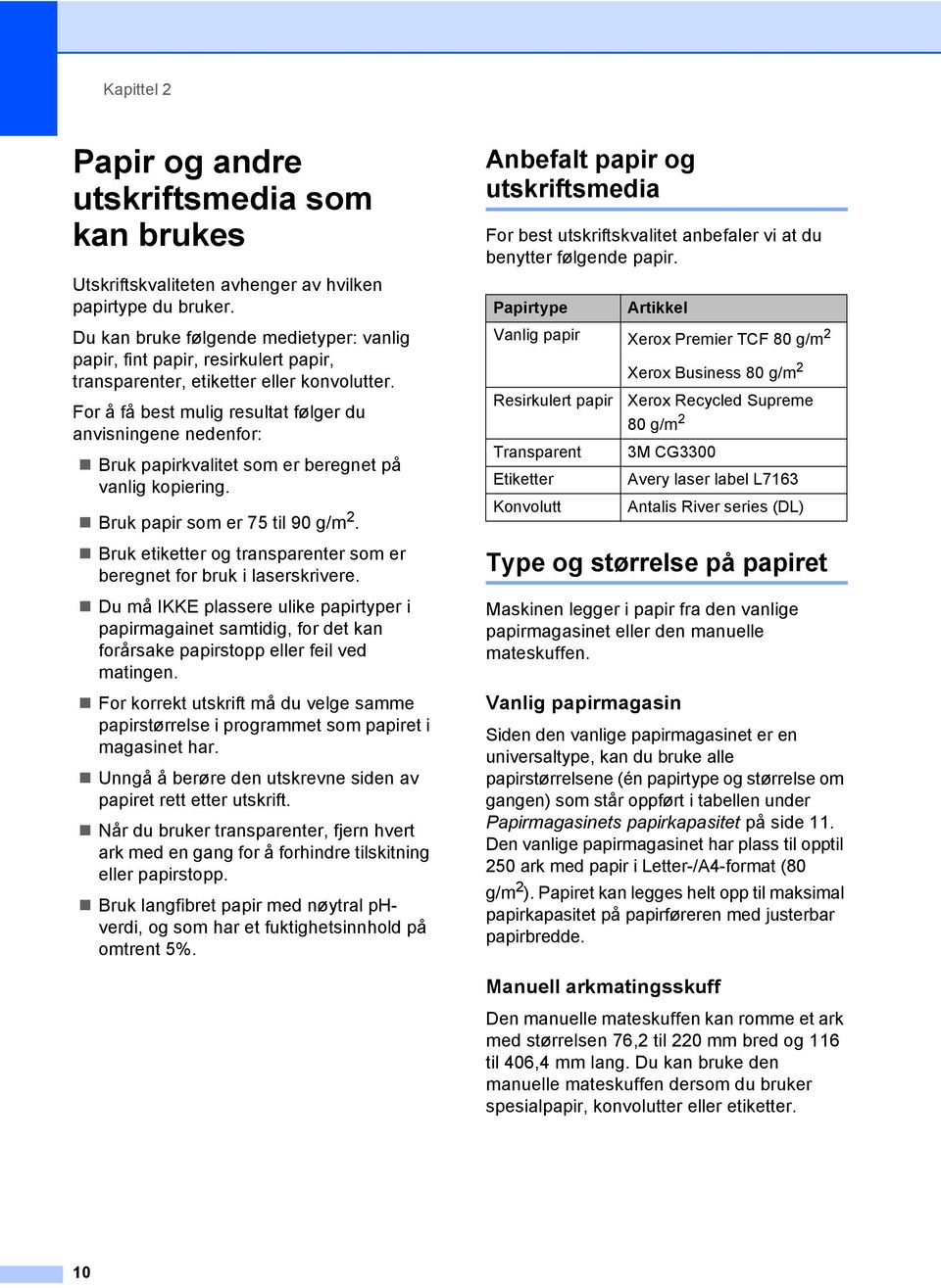 For å få best mulig resultat følger du anvisningene nedenfor: Bruk papirkvalitet som er beregnet på vanlig kopiering. Bruk papir som er 75 til 90 g/m 2.