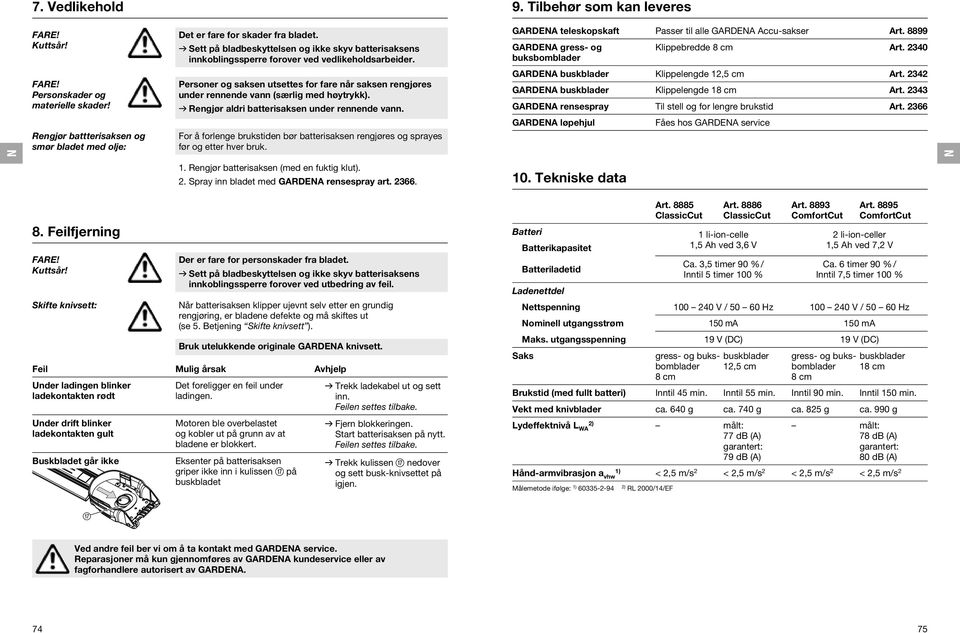 Personer og saksen utsettes for fare når saksen rengjøres under rennende vann (særlig med høytrykk). v Rengjør aldri batterisaksen under rennende vann. GARDEA buskblader Klippelengde 12,5 cm Art.