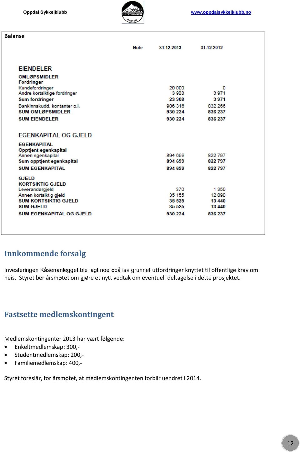 Fastsette medlemskontingent Medlemskontingenter 2013 har vært følgende: Enkeltmedlemskap: 300,-