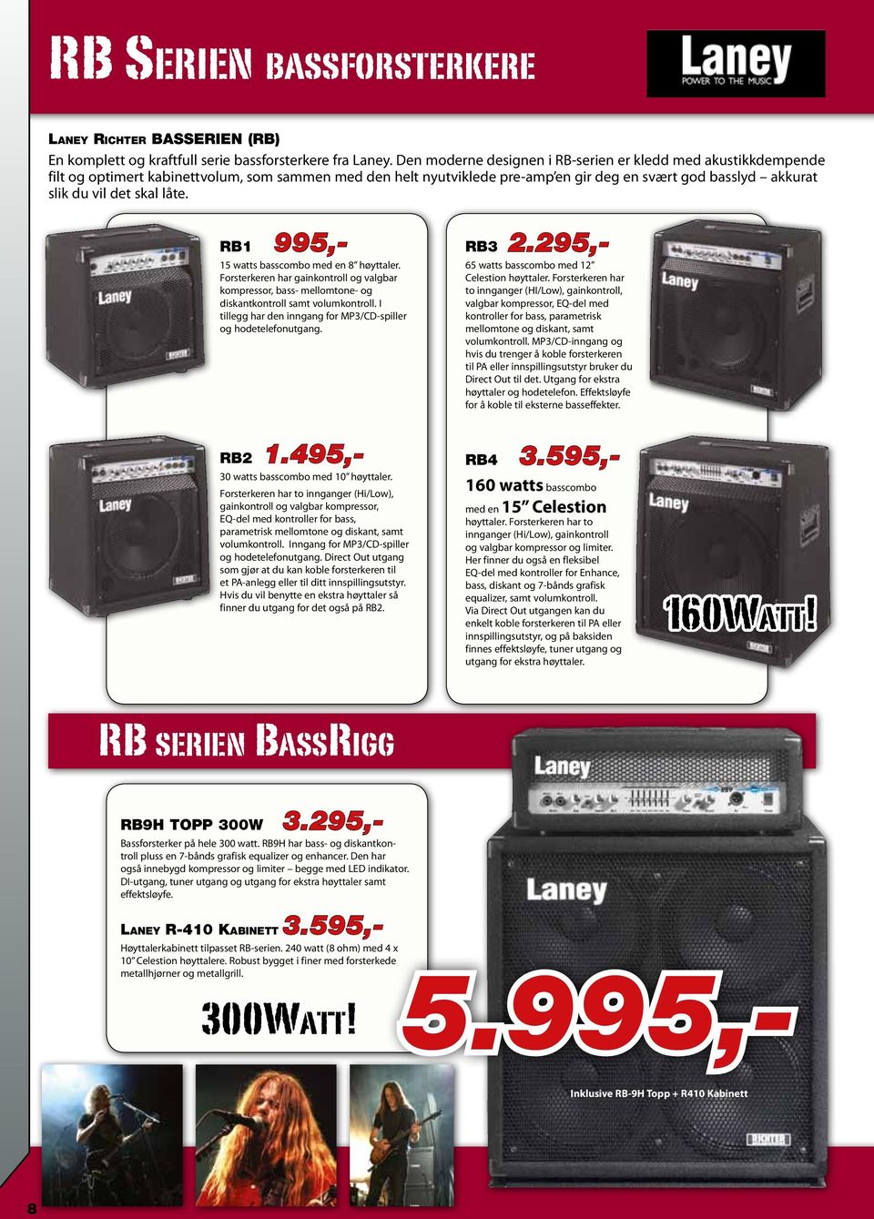 låte. RB1 995,- 15 watts basscombo med en 8 høyttaler. Forsterkeren har gainkontroll og valgbar kompressor, bass- mellomtone- og diskantkontroll samt volumkontroll.