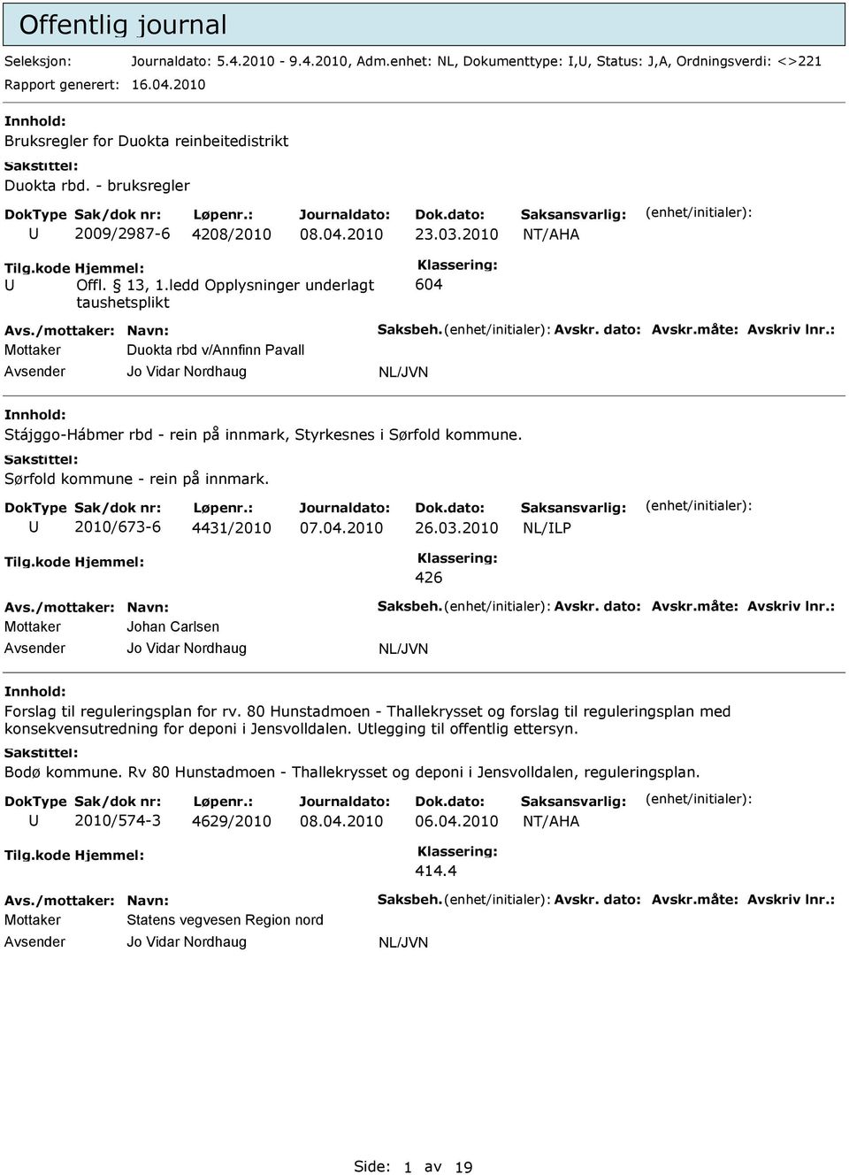 ledd Opplysninger underlagt taushetsplikt 604 Mottaker Duokta rbd v/annfinn Pavall Jo Vidar Nordhaug NL/JVN Stájggo-Hábmer rbd - rein på innmark, Styrkesnes i Sørfold kommune.