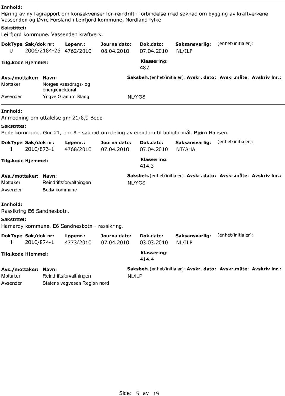 2006/2184-26 4762/2010 482 Mottaker Norges vassdrags- og energidirektorat Yngve Granum Stang NL/YGS Anmodning om uttalelse gnr 21/8,9 Bodø Bodø kommune. Gnr.