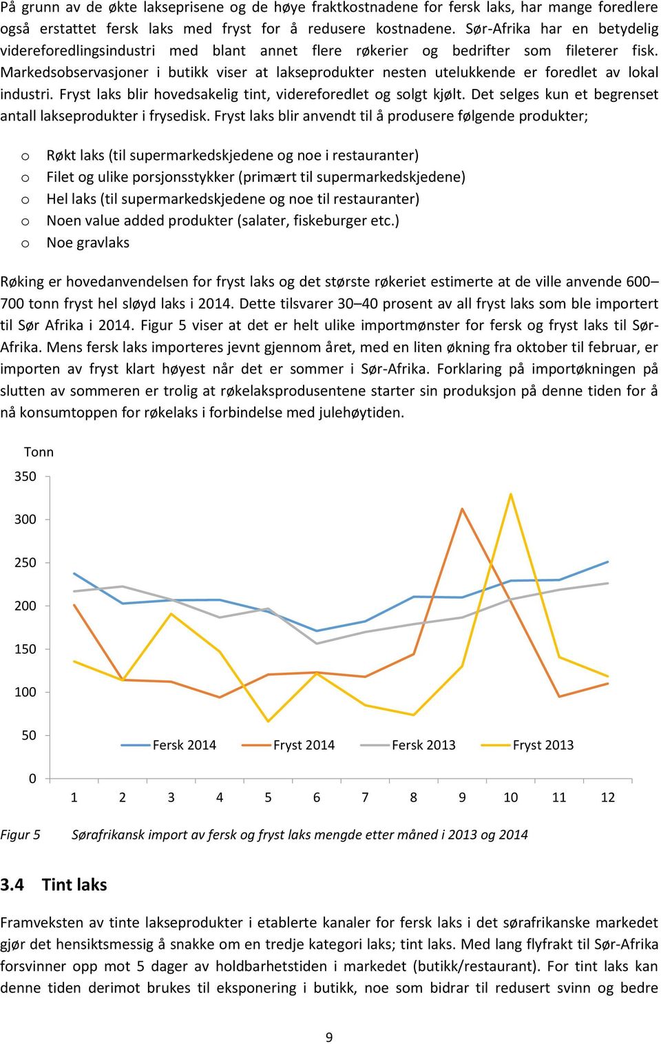 Markedsobservasjoner i butikk viser at lakseprodukter nesten utelukkende er foredlet av lokal industri. Fryst laks blir hovedsakelig tint, videreforedlet og solgt kjølt.