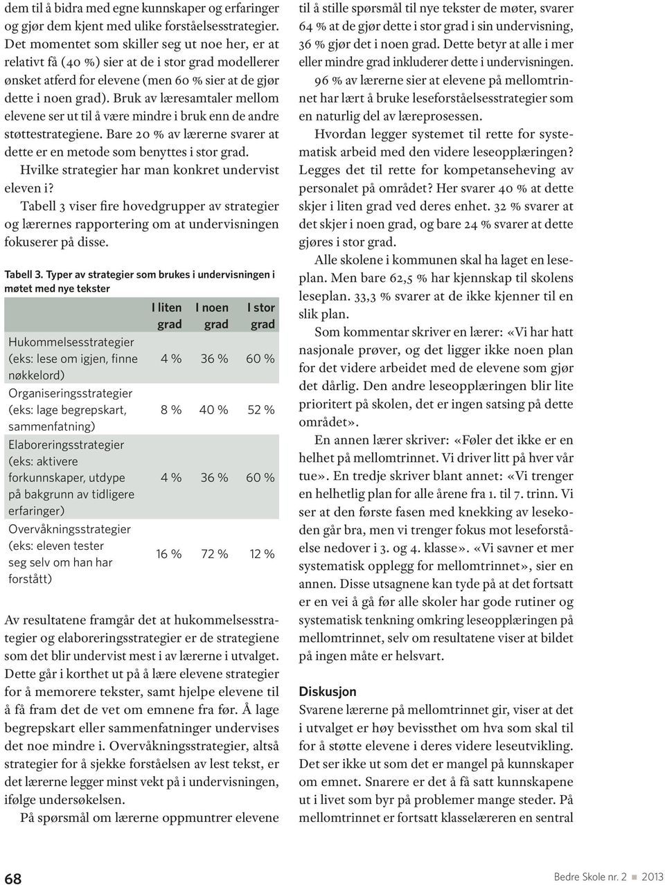 Bruk av læresamtaler mellom elevene ser ut til å være mindre i bruk enn de andre støttestrategiene. Bare 20 % av lærerne svarer at dette er en metode som benyttes i stor grad.