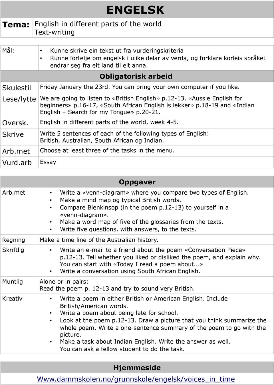 12-13, «Aussie English for beginners» p.16-17, «South African English is lekker» p.18-19 and «Indian English Search for my Tongue» p.20-21. Oversk. English in different parts of the world, week 4-5.