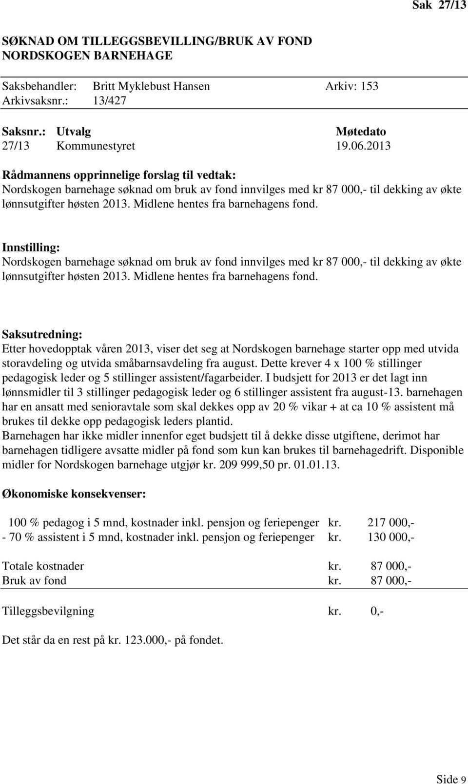 Nordskogen barnehage søknad om bruk av fond innvilges med kr 87 000,- til dekking av økte lønnsutgifter høsten 2013. Midlene hentes fra barnehagens fond.