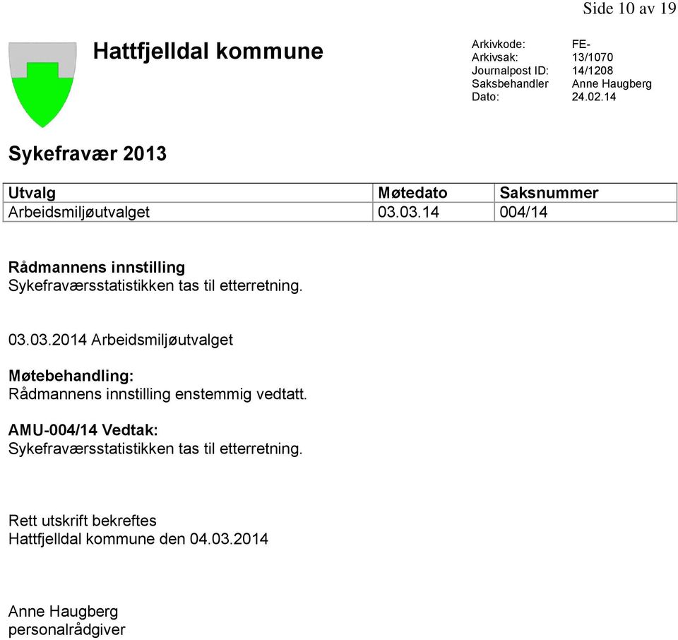 03.14 004/14 Rådmannens innstilling Sykefraværsstatistikken tas til etterretning. 03.03.2014 Arbeidsmiljøutvalget Møtebehandling: Rådmannens innstilling enstemmig vedtatt.