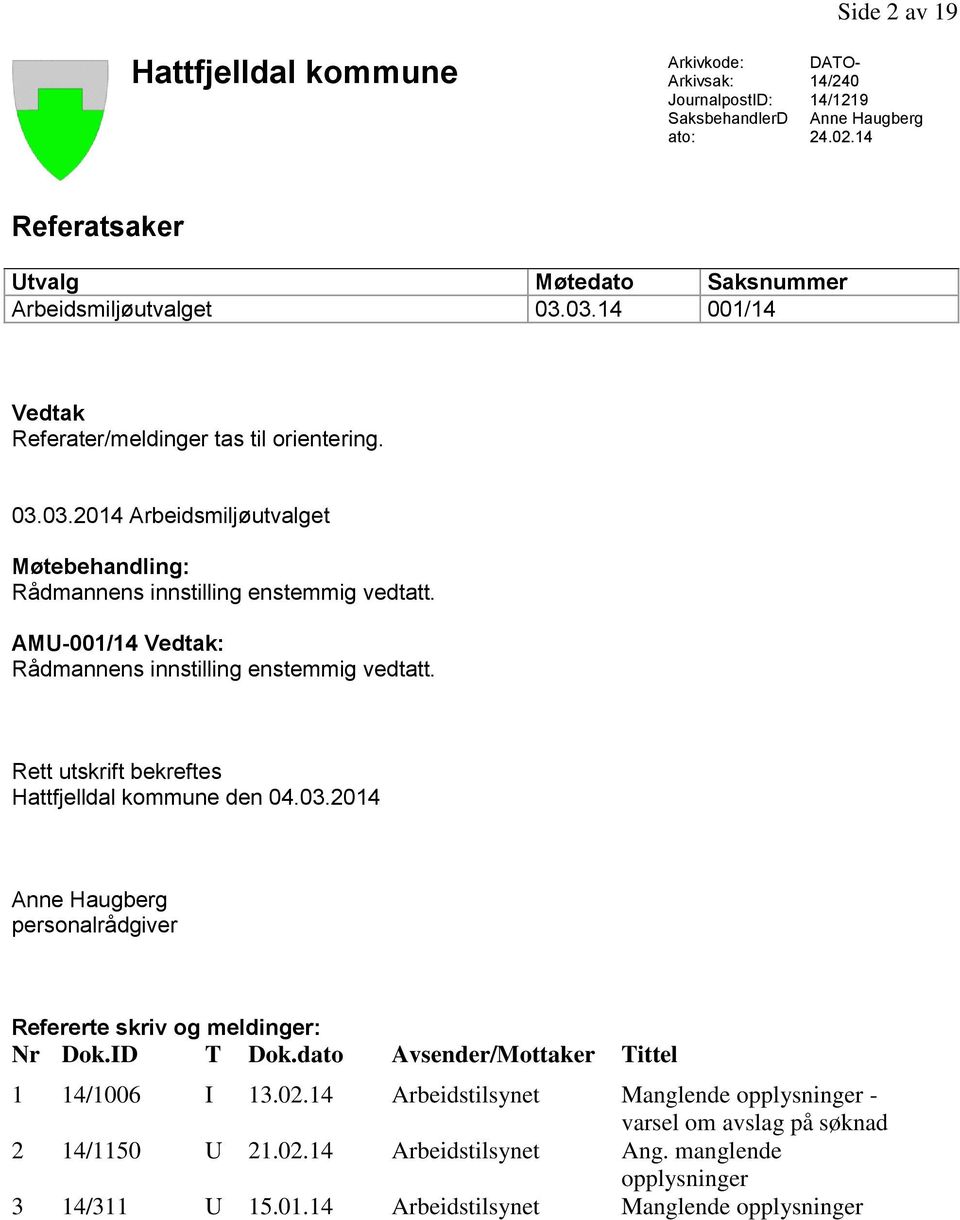 AMU-001/14 Vedtak: Rådmannens innstilling enstemmig vedtatt. Rett utskrift bekreftes Hattfjelldal kommune den 04.03.2014 Refererte skriv og meldinger: Nr Dok.ID T Dok.