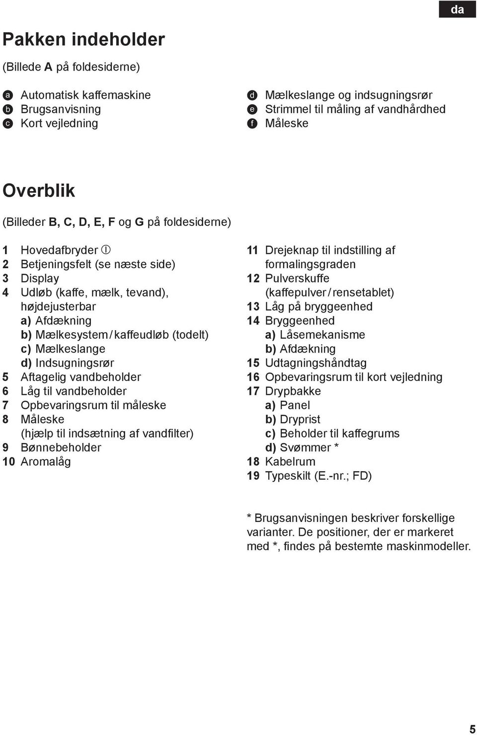 (todelt) c) Mælkeslange d) Indsugningsrør 5 Aftagelig vandbeholder 6 Låg til vandbeholder 7 Opbevaringsrum til måleske 8 Måleske (hjælp til indsætning af vandfilter) 9 Bønnebeholder 10 Aromalåg 11