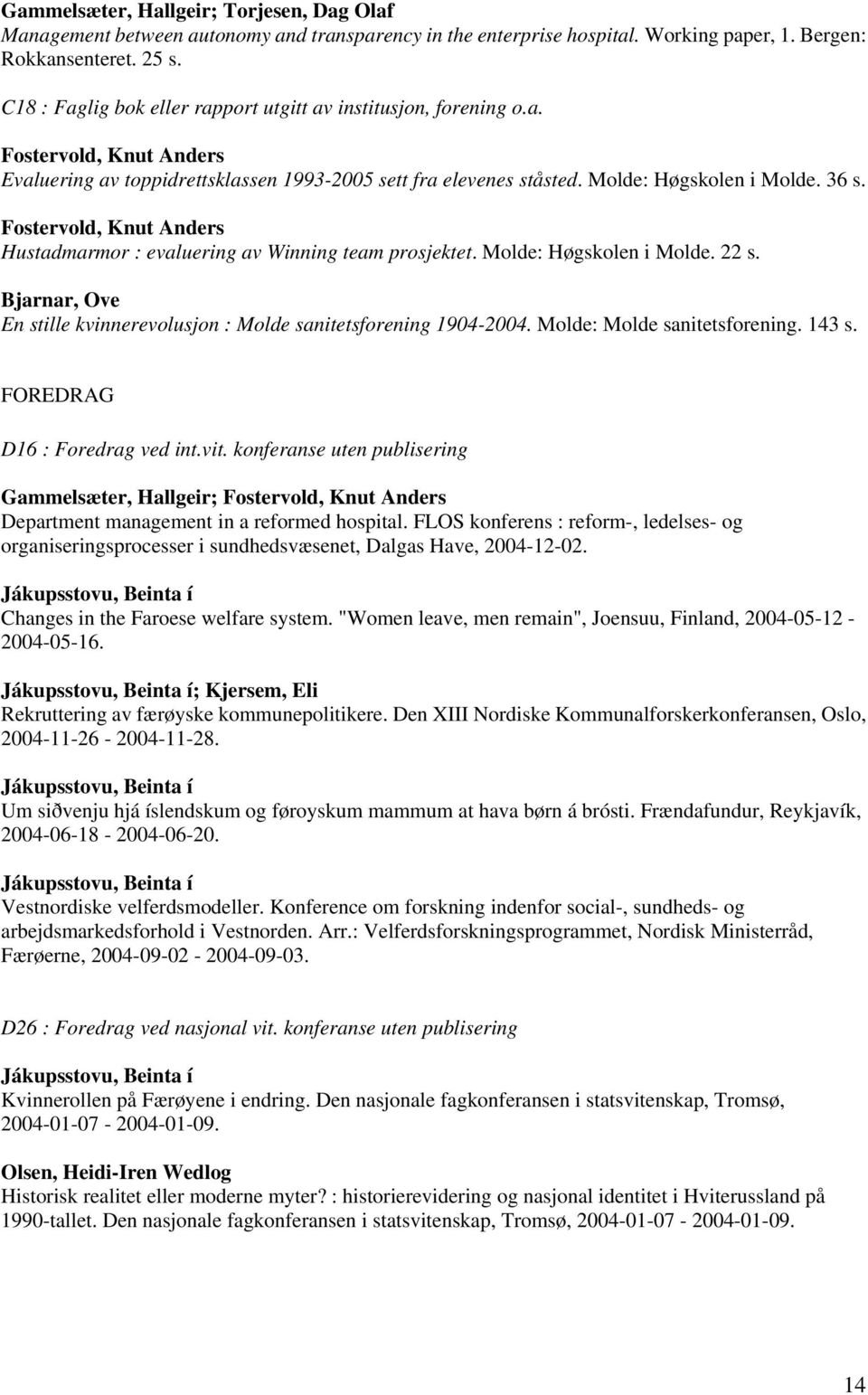 Fostervold, Knut Anders Hustadmarmor : evaluering av Winning team prosjektet. Molde: Høgskolen i Molde. 22 s. Bjarnar, Ove En stille kvinnerevolusjon : Molde sanitetsforening 1904-2004.