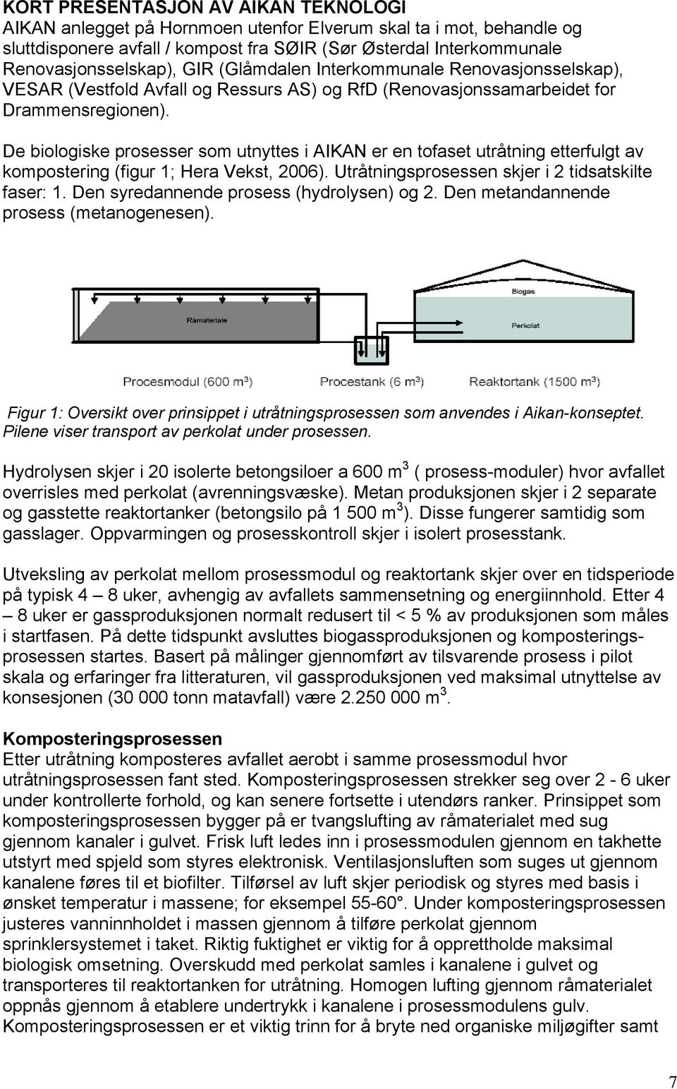 De biologiske prosesser som utnyttes i AIKAN er en tofaset utråtning etterfulgt av kompostering (figur 1; Hera Vekst, 2006). Utråtningsprosessen skjer i 2 tidsatskilte faser: 1.