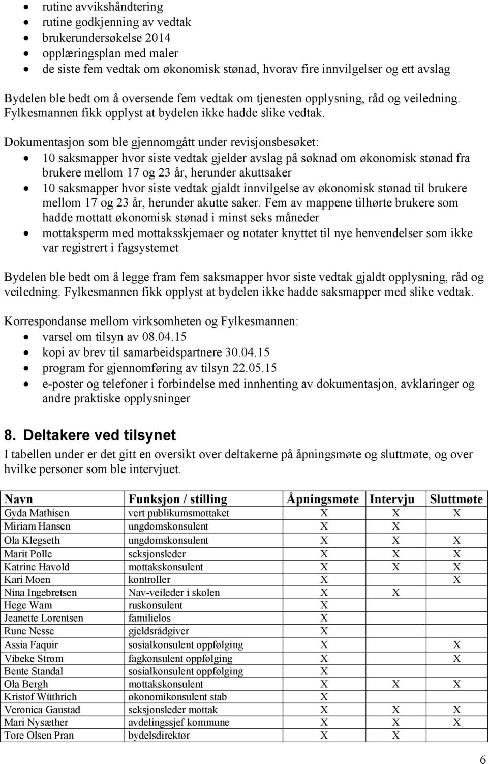 Dokumentasjon som ble gjennomgått under revisjonsbesøket: 10 saksmapper hvor siste vedtak gjelder avslag på søknad om økonomisk stønad fra brukere mellom 17 og 23 år, herunder akuttsaker 10