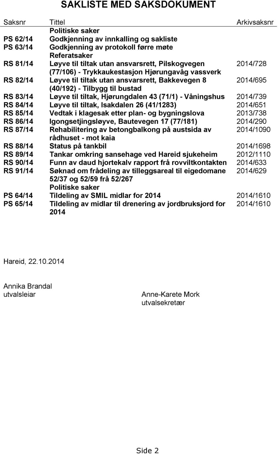 til tiltak, Hjørungdalen 43 (71/1) - Våningshus 2014/739 RS 84/14 Løyve til tiltak, Isakdalen 26 (41/1283) 2014/651 RS 85/14 Vedtak i klagesak etter plan- og bygningslova 2013/738 RS 86/14