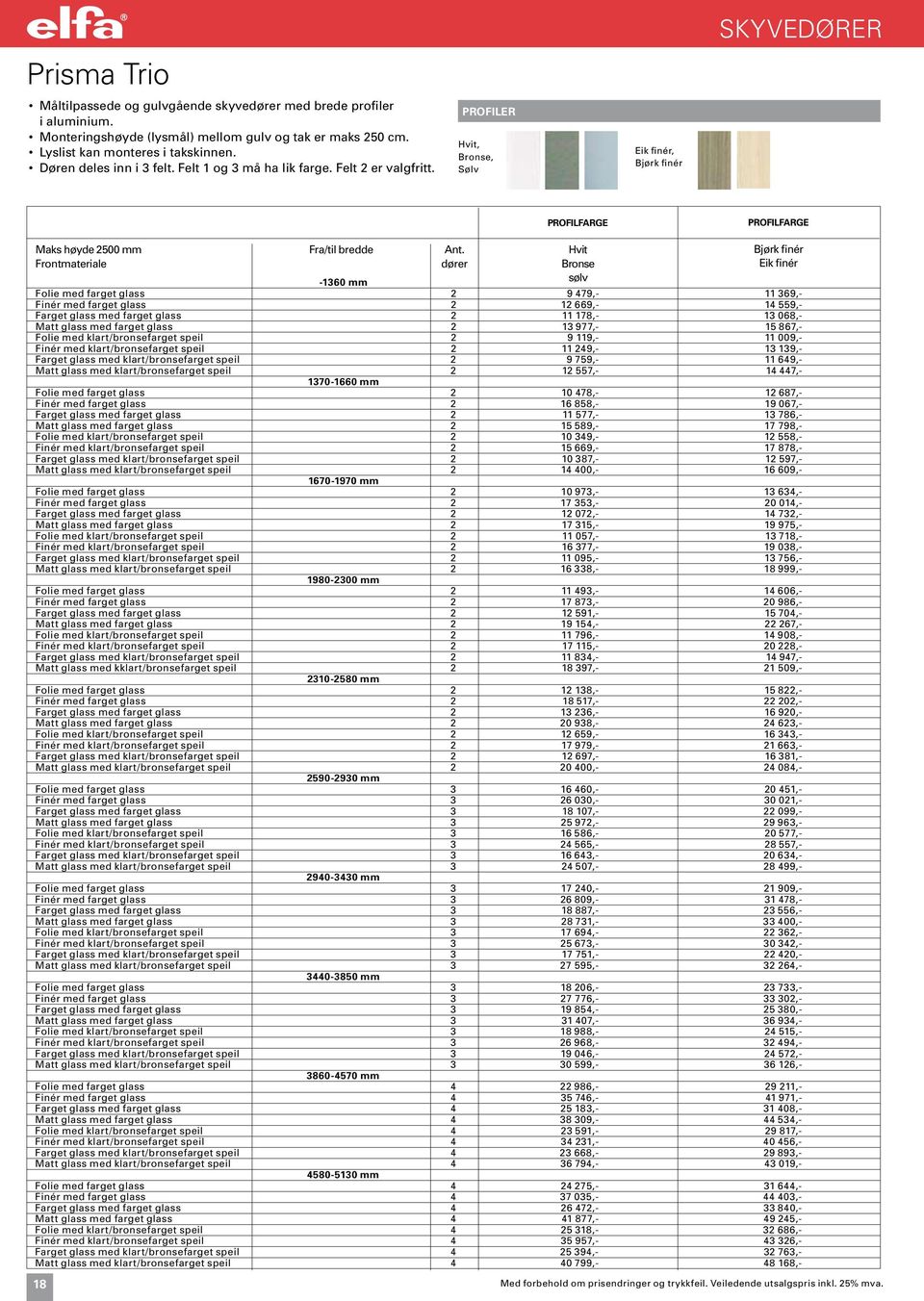 PROFILER Hvit, Bronse, Sølv Eik finér, Bjørk finér skyvedører Maks høyde 500 mm Frontmateriale Fra/til bredde -360 mm Folie med farget glass 9 479,- 369,- Finér med farget glass 669,- 4 559,- Farget