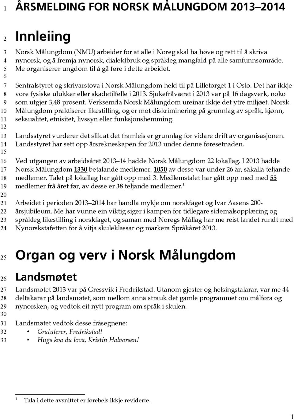 Sentralstyret og skrivarstova i Norsk Målungdom held til på Lilletorget 1 i Oslo. Det har ikkje vore fysiske ulukker eller skadetilfelle i 2013.