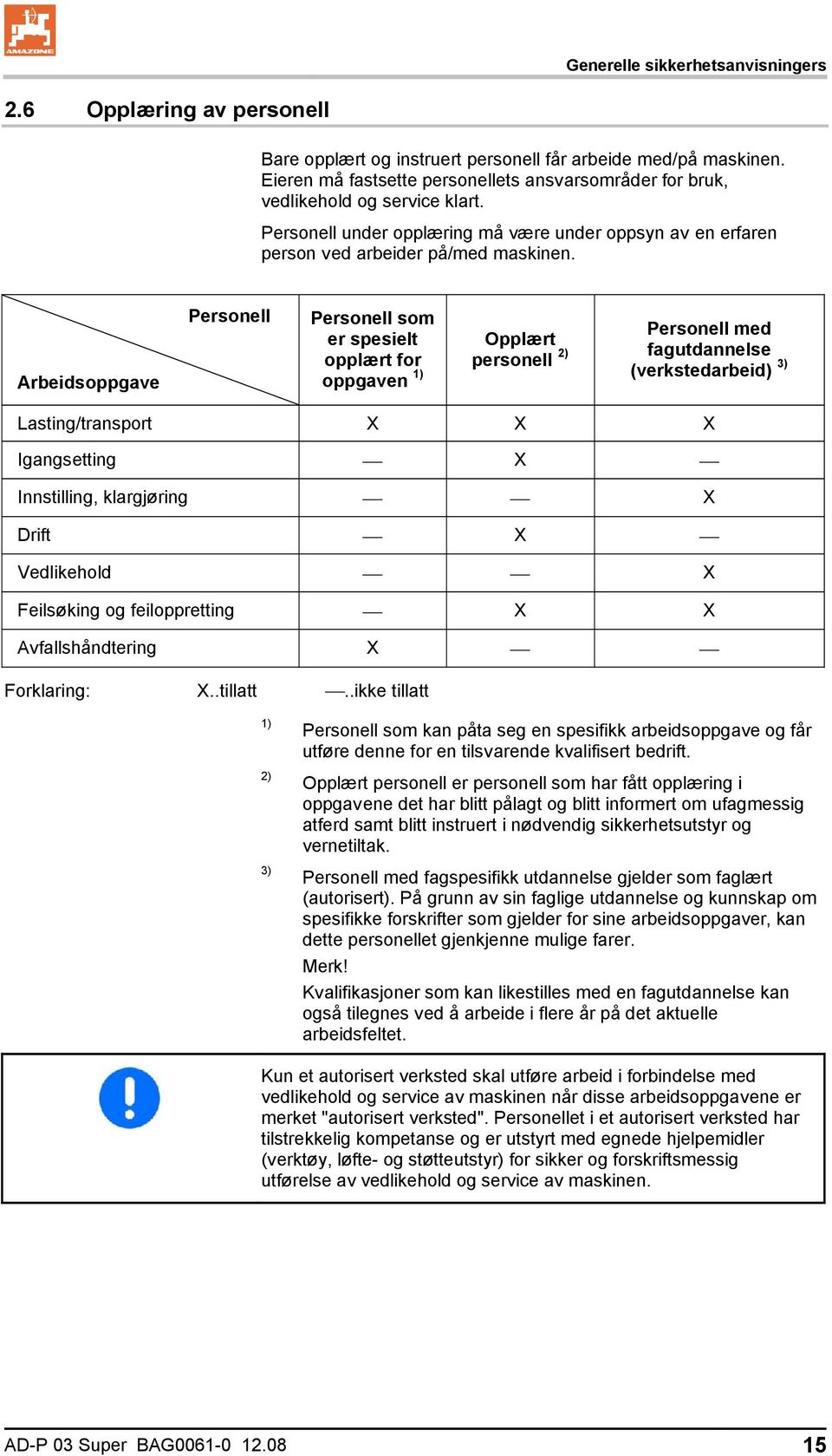 Arbeidsoppgave Personell Personell som er spesielt opplært for oppgaven 1) Opplært personell 2) Personell med fagutdannelse (verkstedarbeid) 3) Lasting/transport X X X Igangsetting X Innstilling,