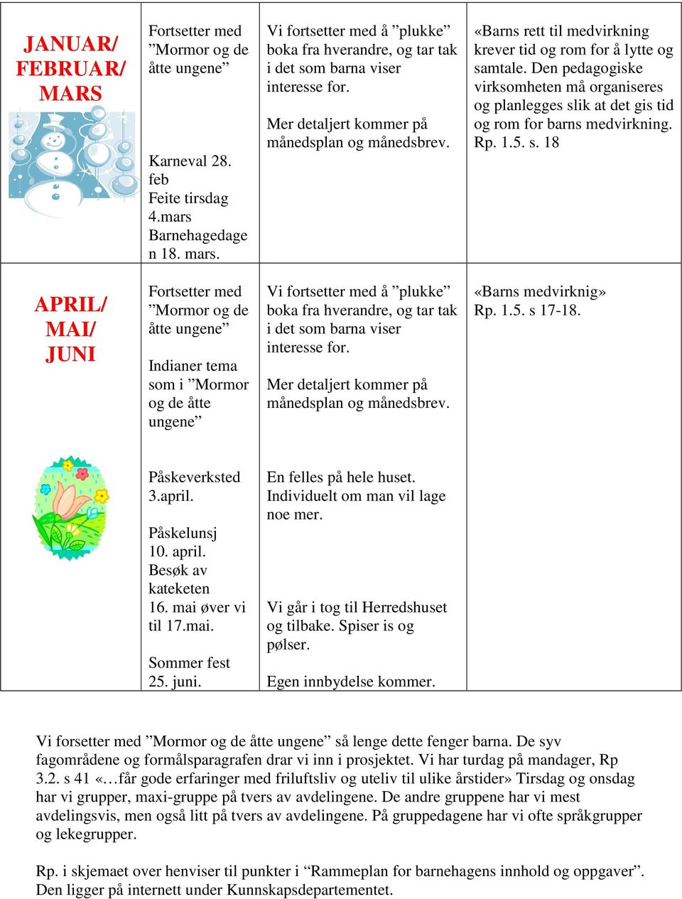 «Barns rett til medvirkning krever tid og rom for å lytte og samtale. Den pedagogiske virksomheten må organiseres og planlegges slik at det gis tid og rom for barns medvirkning. Rp. 1.5. s. 18 APRIL/ MAI/ JUNI Fortsetter med Mormor og de åtte ungene Indianer tema som i Mormor og de åtte ungene  «Barns medvirknig» Rp.