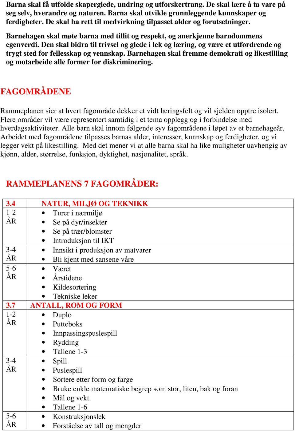 Den skal bidra til trivsel og glede i lek og læring, og være et utfordrende og trygt sted for fellesskap og vennskap.